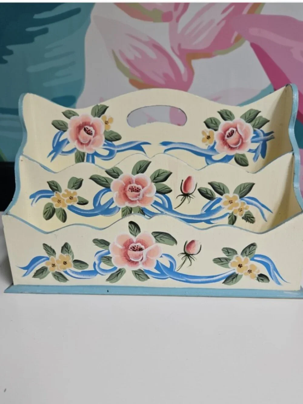 Vintage Hand Painted Tiered Wood Letter Holder Organizer Grannycore Cottagecore